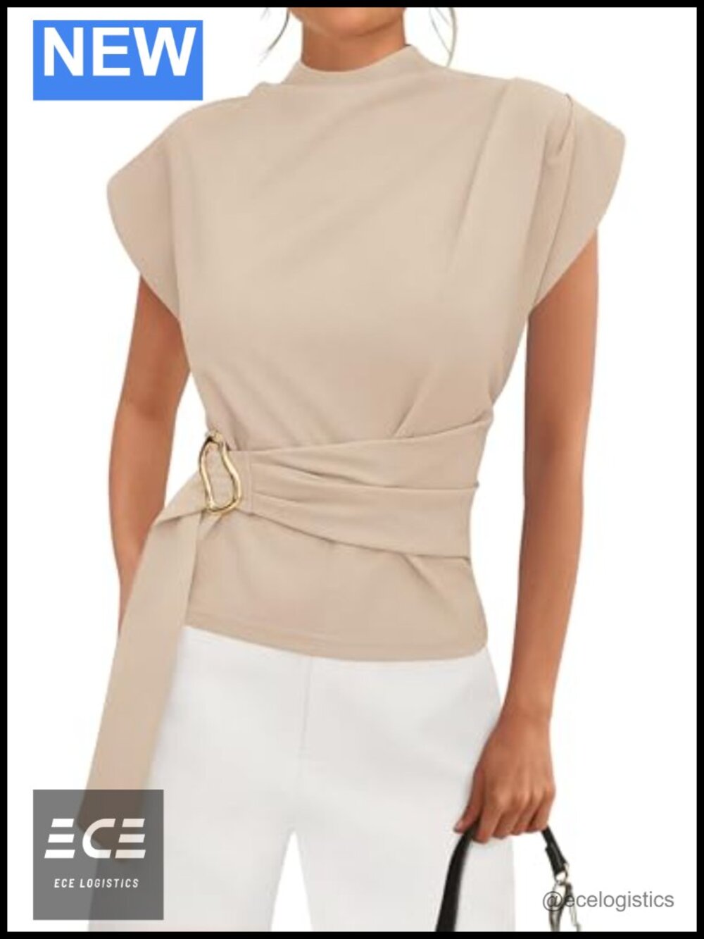 Women's Business Casual Blouse with Cap Sleeve and Mock Neck Tie Front
